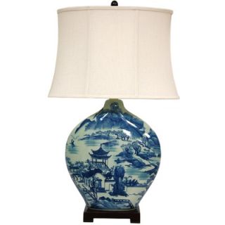 Oriental Furniture Landscape Moon Vase Lamp in Blue and White   JCO