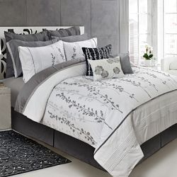 KAS Willow Grey Branches White Queen Comforter Set