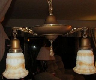  Brass Art Deco Hanging Lamp 2 Light Ceiling Chandelier Glass Shade