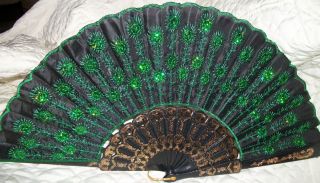 PERSONAL ORIENTAL SILK HAND FAN EMBROIDERED W FLOWERS AND SEQUINS CUTE