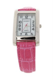  Gossip Silvertone Rectangle Case Primary Color Pink Strap Watch