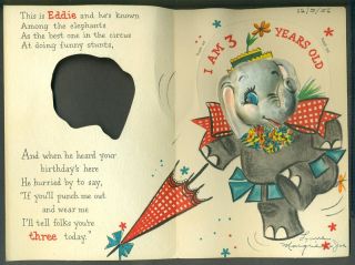 Vintage Greeting Card Happy Birthday 3 Year Old 3D Elephant Punches