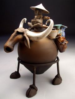 Water Buffalo Face Jug Pottery Raku Folk Art by Grafton