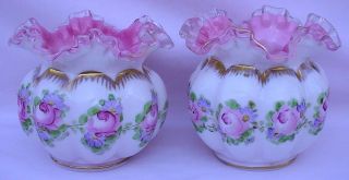 Fenton Silvercrest HP Charleton Pink Rose Vase Pair