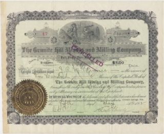 1892 Stock GRANITE HILL Mining & Milling Co. CRIPPLE CREEK Colorado J