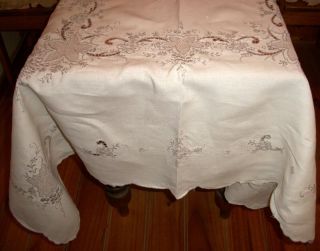 Vintage Ivory Linen Tablecloth Hand Embroidered Grapes Flowers Cutwork