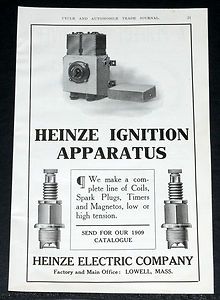 1909 Old Magazine Print Ad Heinze Automobile Spark Plugs Coils Timers