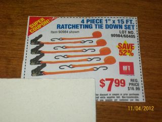 Harbor Freight Tools 4 Piece 1 x 15 ft Ratcheting Tie Down Set Coupon