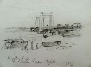 Harold H Cresswell Kings Ferry Bridge Graphite Drawing 1985 Free SHIP