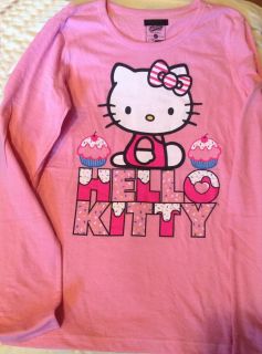  Navy HELLO KITTY Girl sz X Large 14 Pink CupCake Long sleeve Tee Shirt