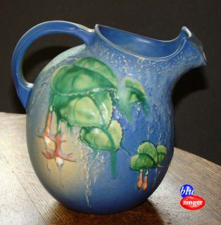 roseville art pottery blue fuchsia ice water pitcher 1322