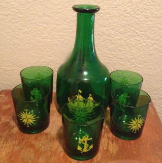Vintage Anchor Hocking Forest Green Decanter with 5 Glasses