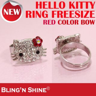 Hello Kitty Ring Cute Cat Face Swarovski Crystal Red Flower Bow High