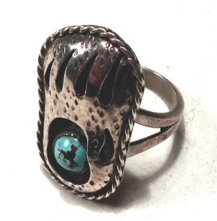 NAVAJO   Shadow Box Turquoise Sterling Silver Bear Paw Ring   Size 6 3