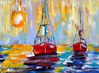  Oil Painting Impressionism Harbor Boat Ocean Palette Knife Art