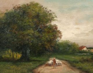 Antique American Bucolic Sheep Herder Hudson River School Signed Oil