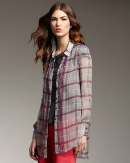 Theyskens Theory Sheer Silk Plaid Button Front Shirt   