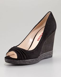 Prada Suede Espadrilled Peep Toe Wedge Sandal   