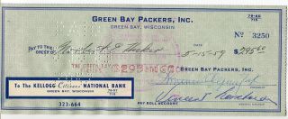 Vince Lombardi Signed Check Autographed Packers Norbert Hecker