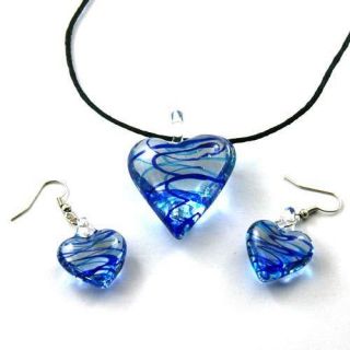  Lampwork Glass Blue Heart Shaped Pendant Necklace Earrings Set