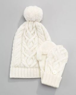  Cashmere Cable Knit Hat & Mittens, Niveous Ivory, 6 24