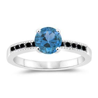 20 Cts Black Diamond & 1.14 Cts Swiss Blue Topaz Engagement Ring in