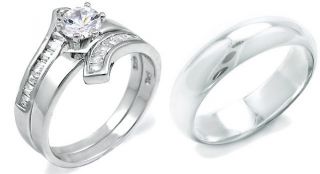 925 Sterling Silver White Gold His Hers CZ Wedding Ring Band Set