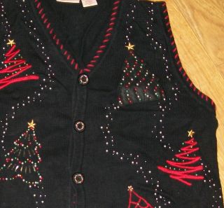 Womens Ugly Christmas Sweater Vest Size 2X 2 Beaded Glitz Trees Mens