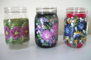 Handpainted Canning Jars Vase Home Decor Storage Floral