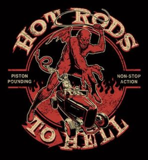 Mens 50s Retro Black Hot Rods to Hell Biker Devil T Shirt XL Vtg Style