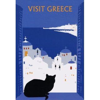 CAT VISIT GREECE Travel Poster with Black Cat 20 X 28