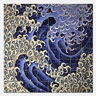 Hokusai Masculine Wave Glass Mural Backsplash Kitchen 48x48 in