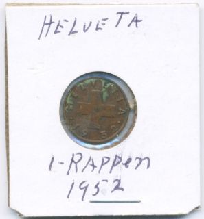 1952 1 Rappen Helvetia Coin  SWITZERLAND   8086
