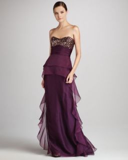 Badgley Mischka Strapless Beaded Gown with Ruffles   