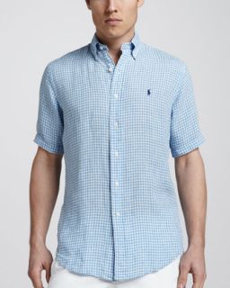 N234D Polo Ralph Lauren Gingham Short Sleeve Linen Shirt, Light Blue