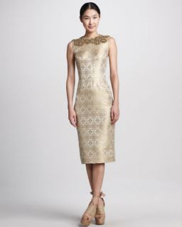 Beaded Metallic Jacquard Sheath Dress