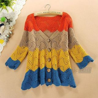 Multicolor Knitted Knit Buttons Closure Lady Casual Cardigan Sweater