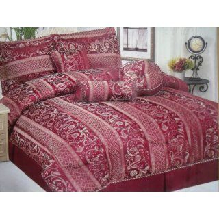 King 11p Jacquard Comforter Spread Set Burgundy Bed in a
