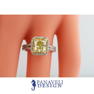  Fancy Yellow Cushion Cut Diamond Engagement Ring 18K White Gold
