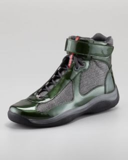 M042P Prada High Top Patent Lace Up Sneaker, Green/Gray