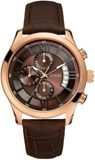 Guess U14504G1 Brown Leather Rose Gold Stainless Steel Mens Watch