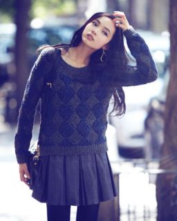 Alice + Olivia Diamond Pattern Sweater & Box Pleat Leather Miniskirt