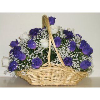 Purple and White Rose Floral Arrangement in Basket (14