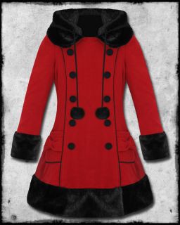 Hell Bunny Sarah Jane Red Black Fur Trim Hooded Wool Mix Winter Jacket