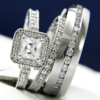 3pcs His Hers Engagement Wedding Band Ring Set Princess Cut Mens and