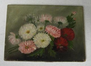 GREAT ANTIQUE VICTORIAN FLORAL PINK RED DAHLIAS? FLOWER STILL LIFE OIL