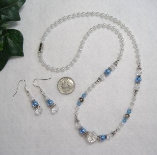 Cornflower Blue Pearl w Crystals 20 Beaded Necklace Earrings Pjlaw