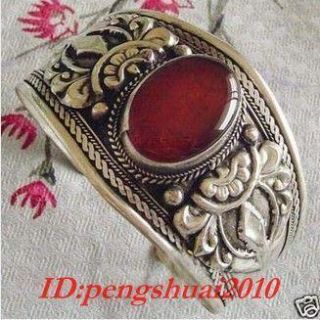  Silver Red Jade Engraving Dragon Jewelry Mans Cuff Bracelet