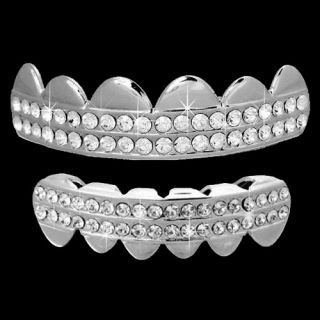 Platinum Teeth Grillz Top Bottom Combo Iced Out Hip Hop Grill