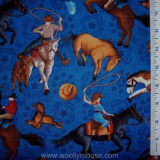  Ranch Cowboy Hat Horse Saddle Lasso SSI Blue Fabric 1 2 Yd